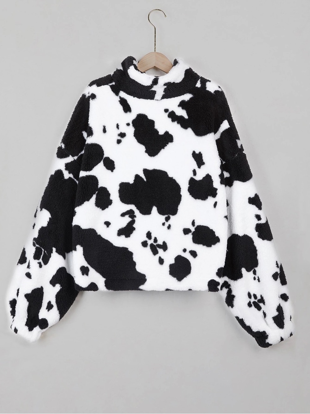 Cropped Sherpa Cow-Print Pullover Sweater - Black & White